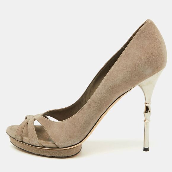 Grey Suede Bamboo Heel Open Toe Pumps Size 39.5,New Products : American Fashion Style Bags On Sale
